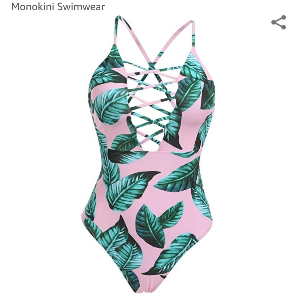 Pink tropical leaf strappy one piece swimsuit
